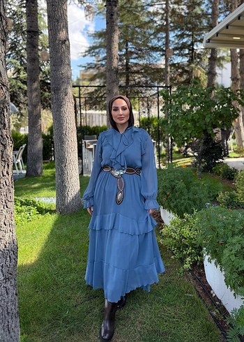 Zara Fırfırlı Bohem Uzun Mavi Elbise