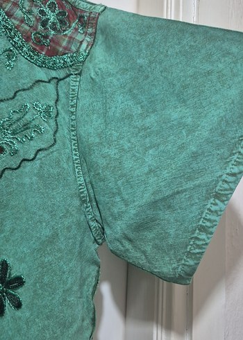 Nakışlı Dantel Detaylı Yeşil Bohem Bluz - Görsel 5