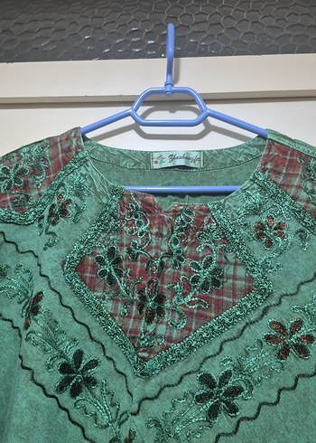 Nakışlı Dantel Detaylı Yeşil Bohem Bluz - Görsel 7