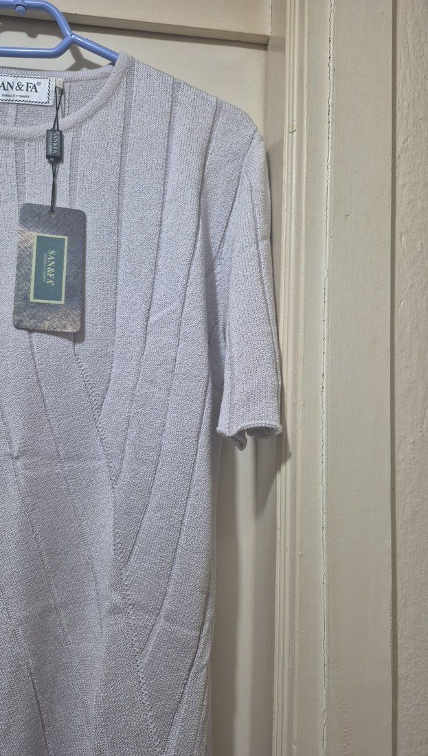 Kadın Gri Kısa Kollu Triko Tişört - Görsel 3