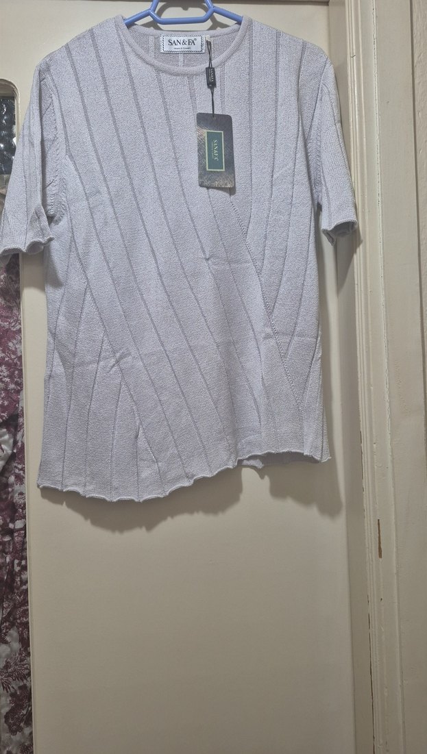 Kadın Gri Kısa Kollu Triko Tişört - Görsel 4