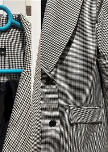l Beden Gri Ekose Düğmeli Kadın Blazer Ceket