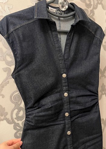 m Beden Düğmeli Gri Denim Uzun Elbise