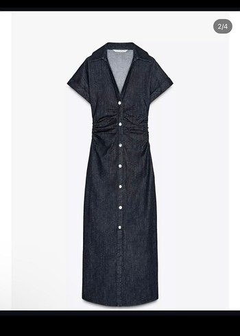 Drapeli V Yaka Kısa Kollu Uzun Denim Elbise
