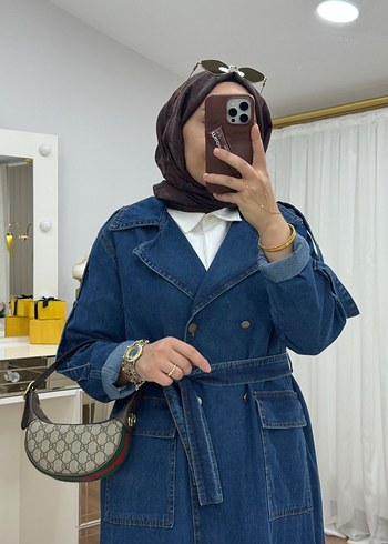universal Beden Uzun Kollu Kuşaklı Kadın Denim Ceket