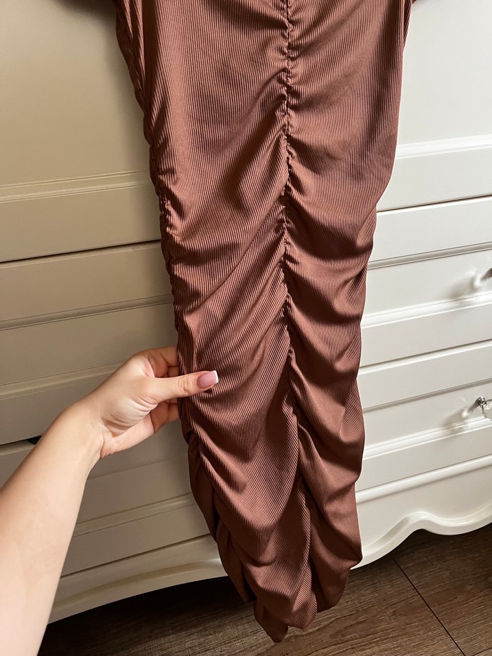 HM Kahverengi Drapeli Midi Kadın Elbise XS - Görsel 4