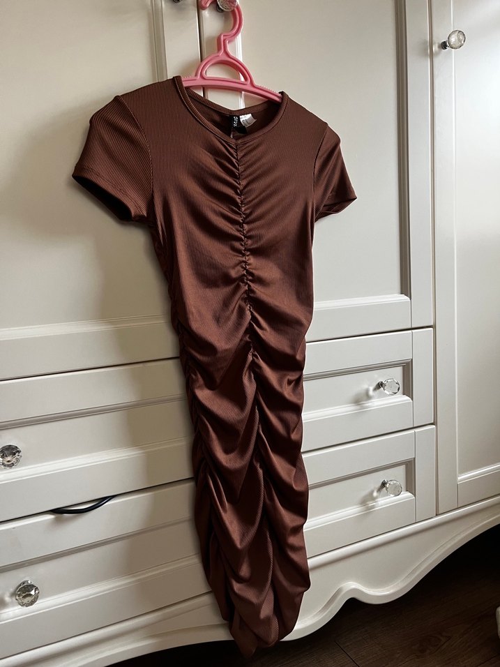 HM Kahverengi Drapeli Midi Kadın Elbise XS - Görsel 5