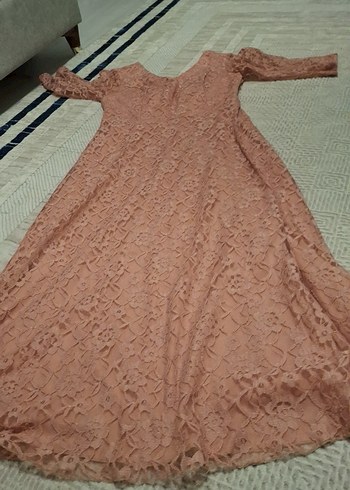 Bej Dantelli Uzun Kollu Uzun Elbise - Görsel 2