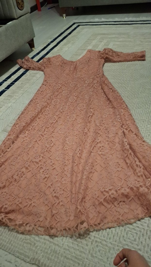 Bej Dantelli Uzun Kollu Uzun Elbise - Görsel 2