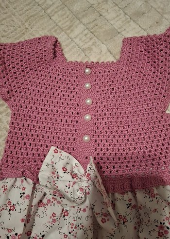 Kız Çocuk Pembe Örme Çiçekli Elbise - Görsel 3