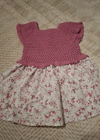 Kız Çocuk Pembe Örme Çiçekli Elbise - Görsel 4