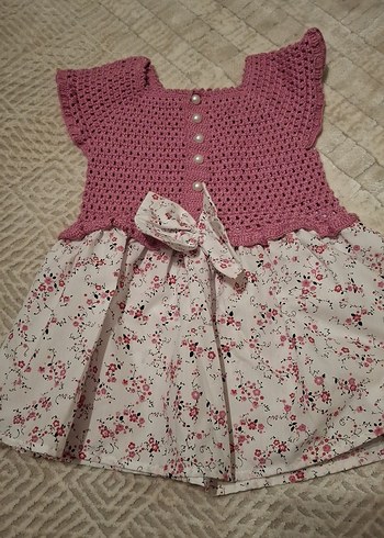 Kız Çocuk Pembe Örme Çiçekli Elbise - Görsel 2