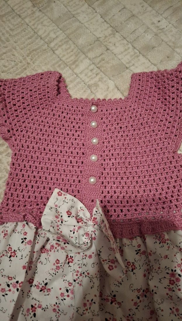 Kız Çocuk Pembe Örme Çiçekli Elbise - Görsel 3