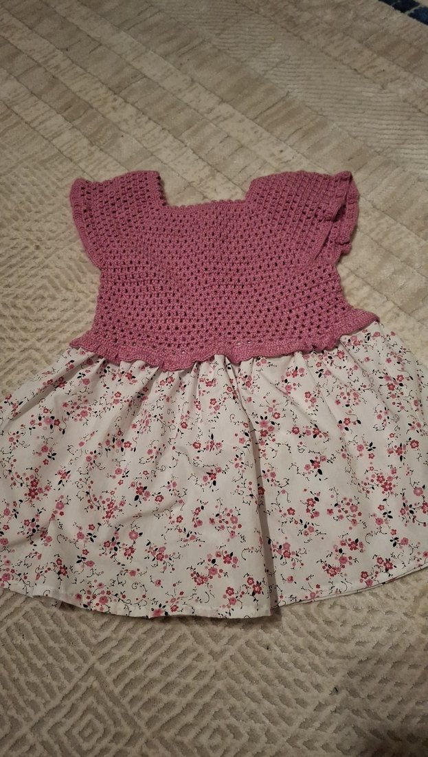 Kız Çocuk Pembe Örme Çiçekli Elbise - Görsel 4