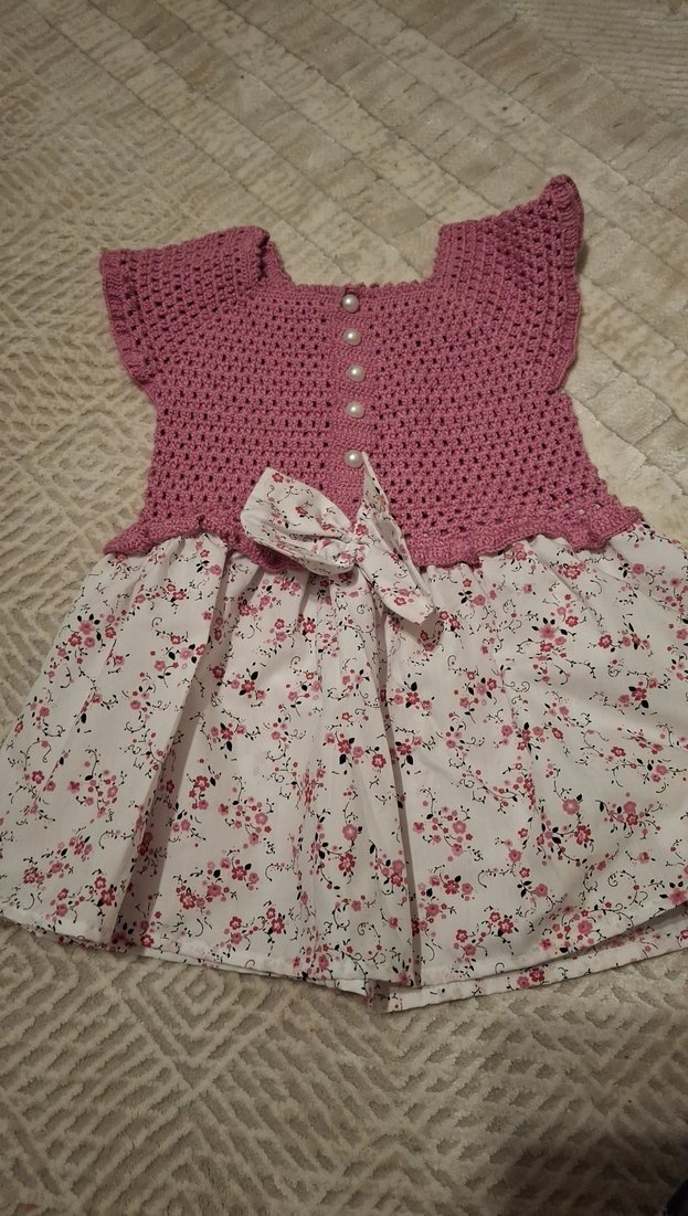 Kız Çocuk Pembe Örme Çiçekli Elbise - Görsel 2