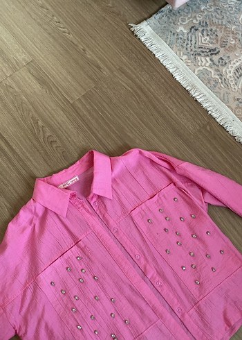 Pembe Nakışlı Keten Mini Gömlek
