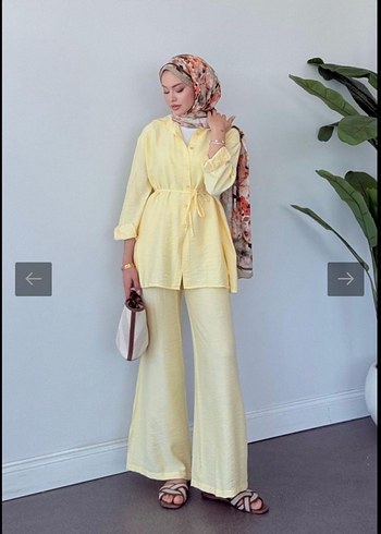 Sarı Uzun Kollu Salaş Keten Takım - Görsel 3