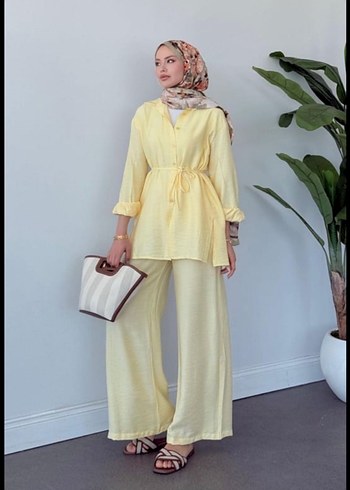 Sarı Uzun Kollu Salaş Keten Takım - Görsel 4