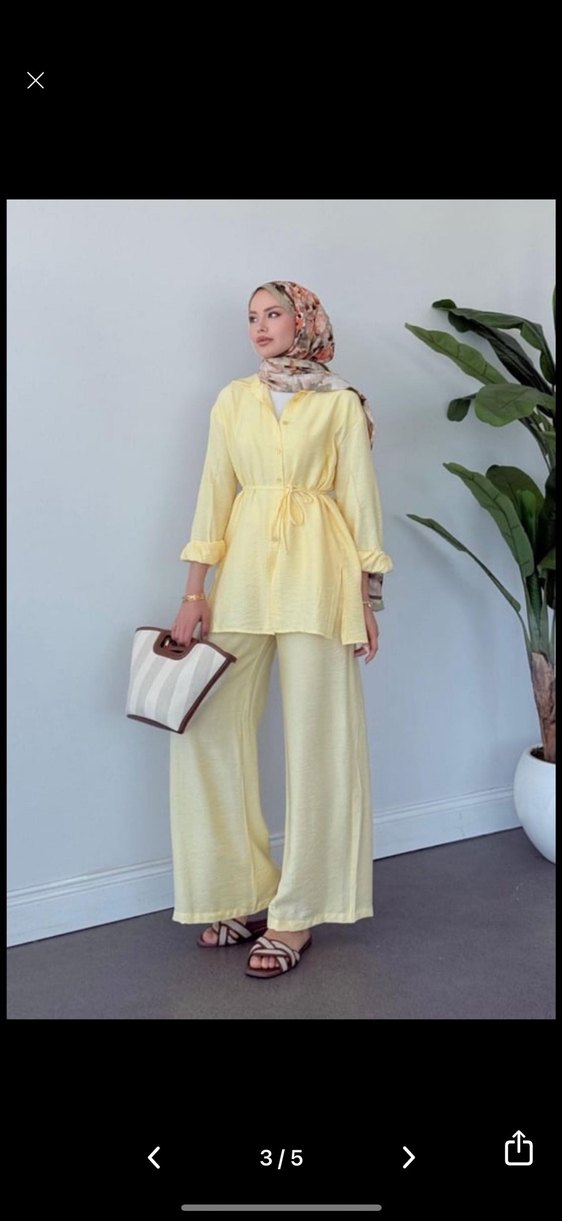 Sarı Uzun Kollu Salaş Keten Takım - Görsel 4