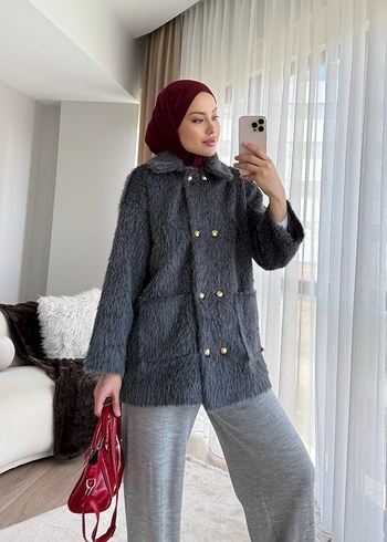 Gri Midi Boy Kürklü Kadın Kaban - Görsel 2