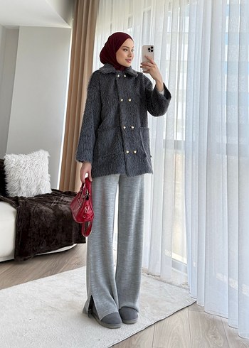 Gri Midi Boy Kürklü Kadın Kaban - Görsel 3