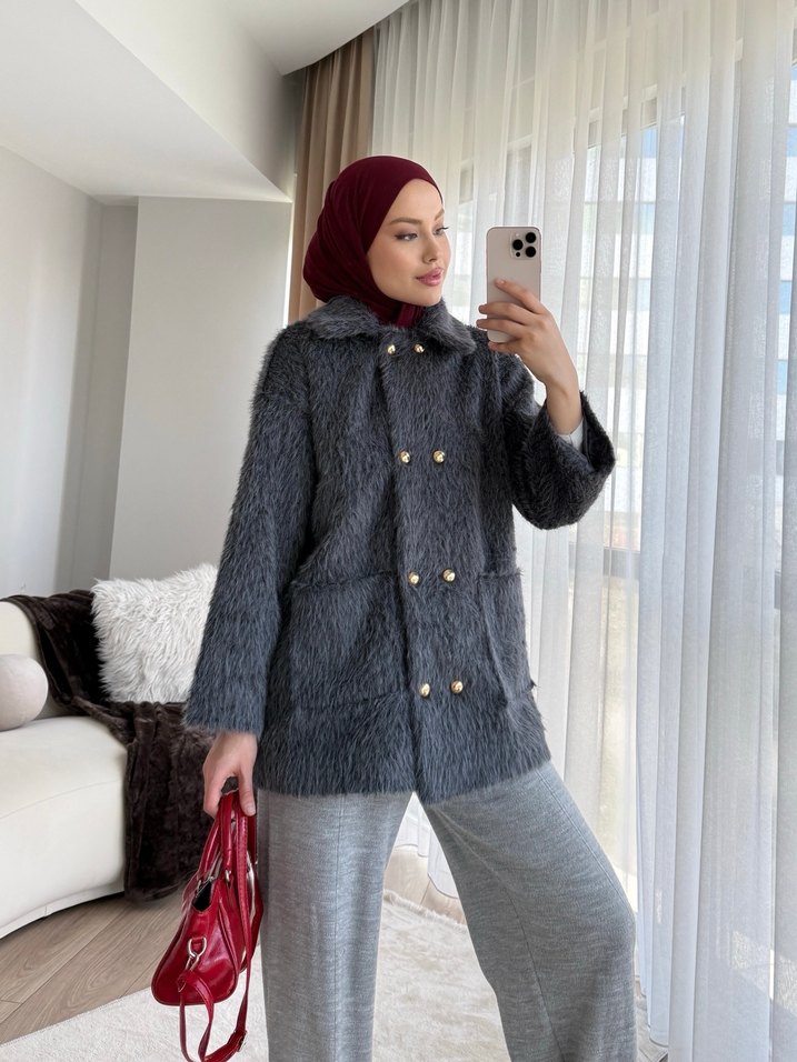 Gri Midi Boy Kürklü Kadın Kaban - Görsel 2