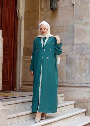 Taş detaylı Turkuaz Uzun abaya - Görsel 3