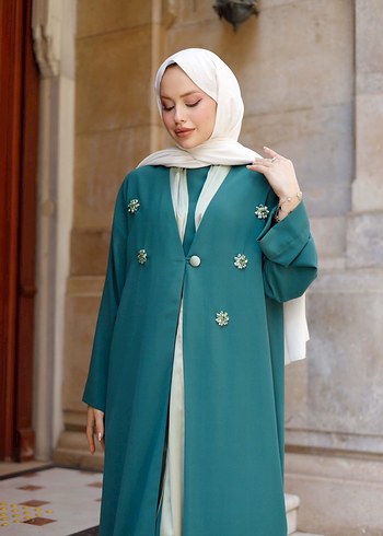 Taş detaylı Turkuaz Uzun abaya - Görsel 2