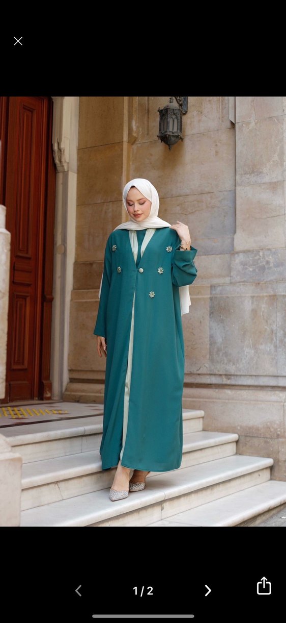 Taş detaylı Turkuaz Uzun abaya - Görsel 3