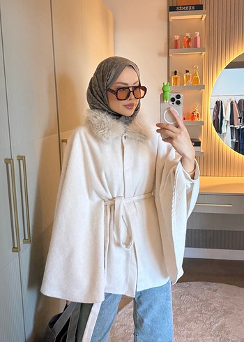 Gri Midi Kadın Poncho - Yün, Kürklü - Görsel 5