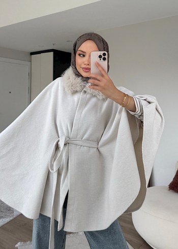 Gri Midi Kadın Poncho - Yün, Kürklü - Görsel 2