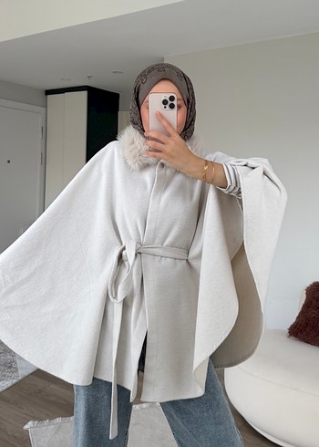 Gri Midi Kadın Poncho - Yün, Kürklü - Görsel 3