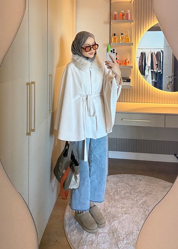 Gri Midi Kadın Poncho - Yün, Kürklü - Görsel 7