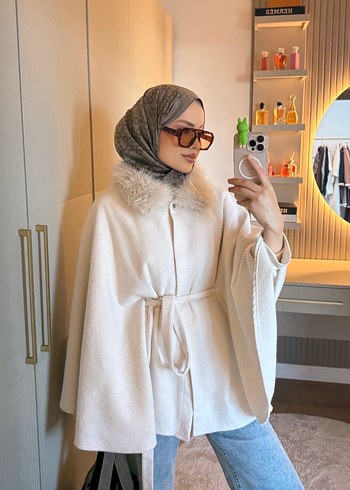 Gri Midi Kadın Poncho - Yün, Kürklü - Görsel 4