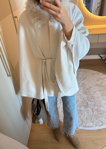 Gri Midi Kadın Poncho - Yün, Kürklü - Görsel 6