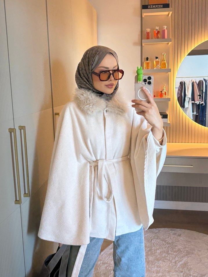 Gri Midi Kadın Poncho - Yün, Kürklü - Görsel 5