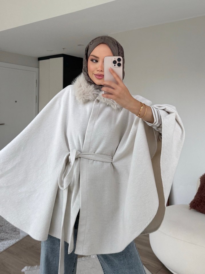 Gri Midi Kadın Poncho - Yün, Kürklü - Görsel 2