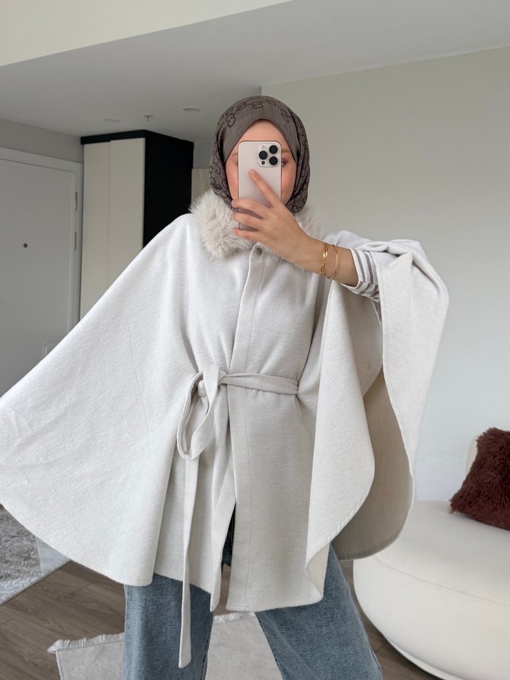 Gri Midi Kadın Poncho - Yün, Kürklü - Görsel 3