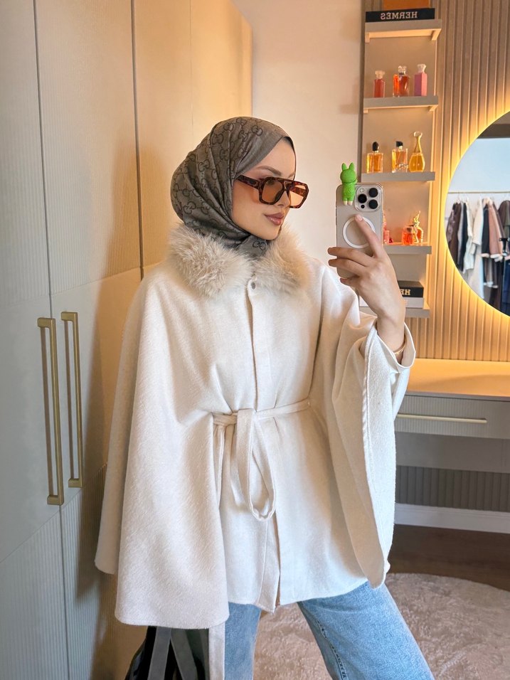 Gri Midi Kadın Poncho - Yün, Kürklü - Görsel 4