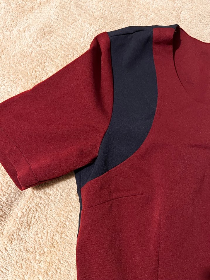 Bordo Drapeli Kısa Kollu Kalem Elbise - Görsel 3