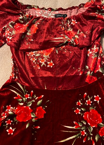 Bordo Çiçek Desenli kadife Uzun Kollu Bohem Elbise - Görsel 4