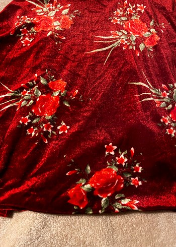 Bordo Çiçek Desenli kadife Uzun Kollu Bohem Elbise - Görsel 5