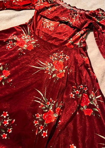 Bordo Çiçek Desenli kadife Uzun Kollu Bohem Elbise - Görsel 3