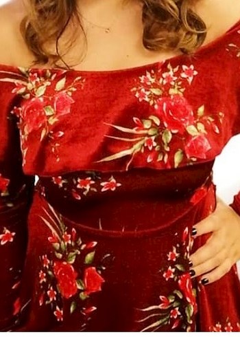 Bordo Çiçek Desenli kadife Uzun Kollu Bohem Elbise - Görsel 7