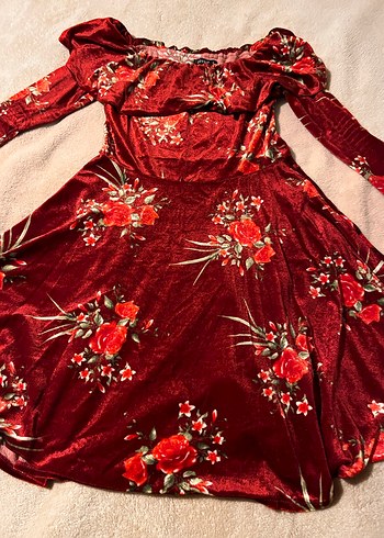 Bordo Çiçek Desenli kadife Uzun Kollu Bohem Elbise - Görsel 2