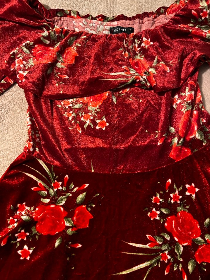 Bordo Çiçek Desenli kadife Uzun Kollu Bohem Elbise - Görsel 4