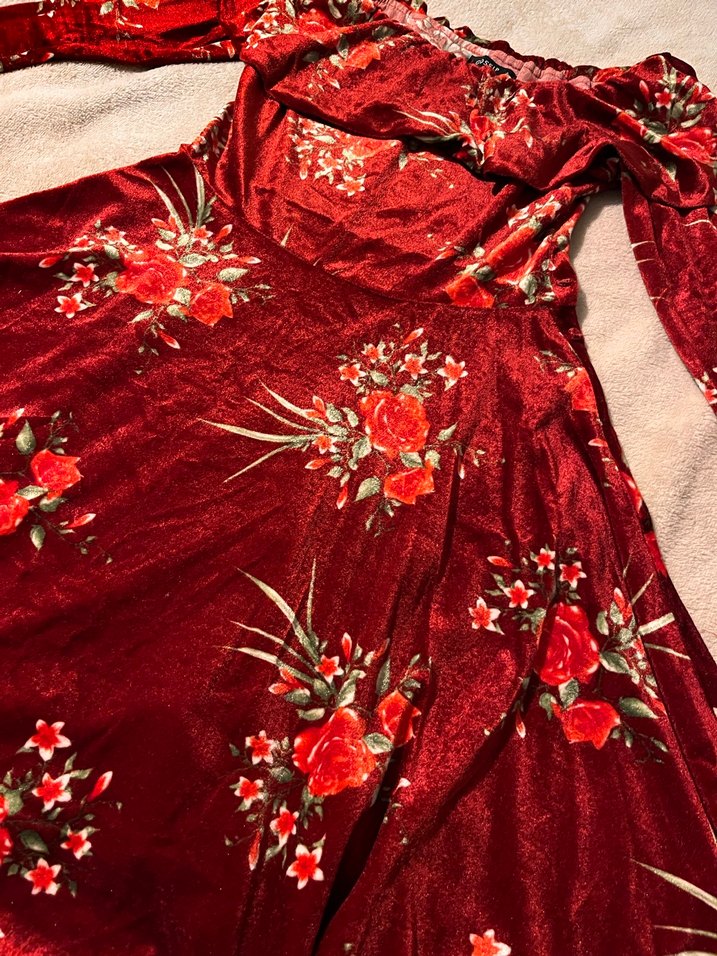 Bordo Çiçek Desenli kadife Uzun Kollu Bohem Elbise - Görsel 3