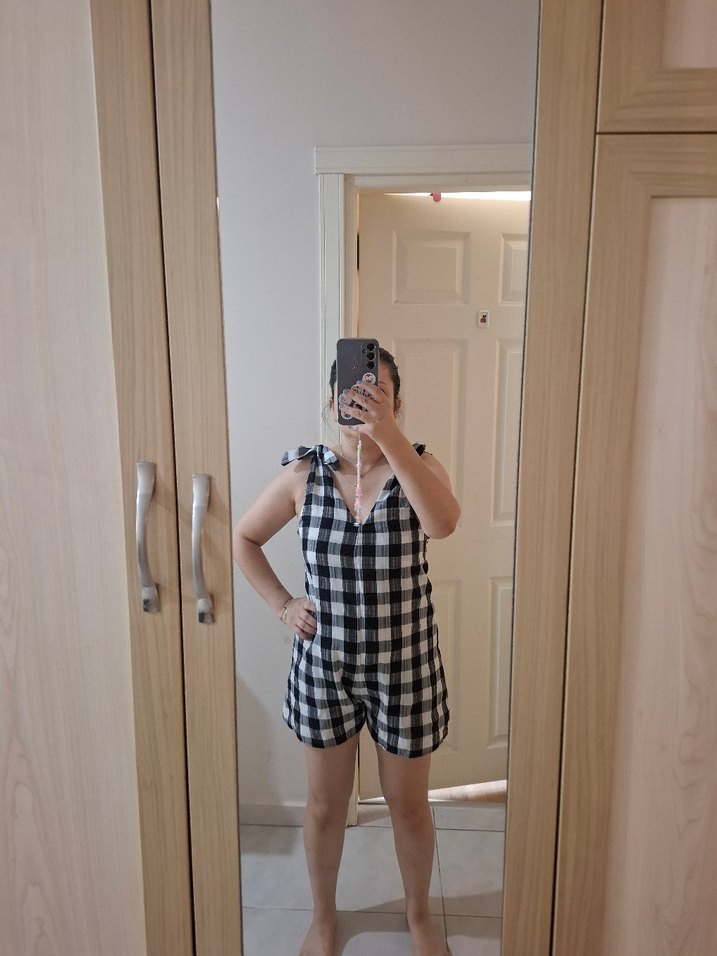 Gri Kareli kısa tulum - Görsel 3