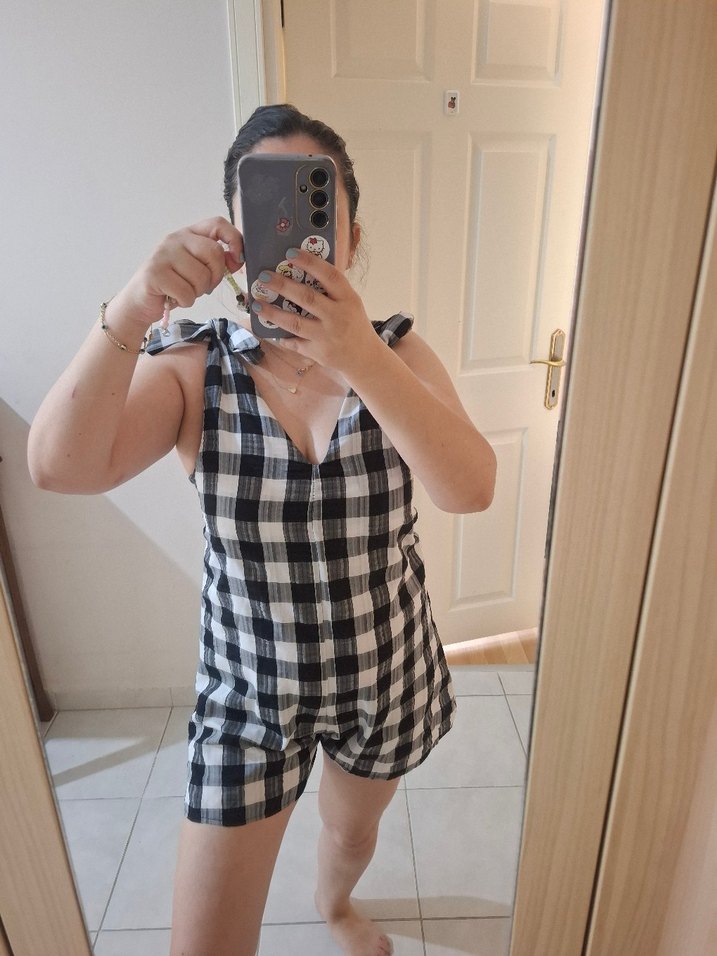 Gri Kareli kısa tulum - Görsel 2