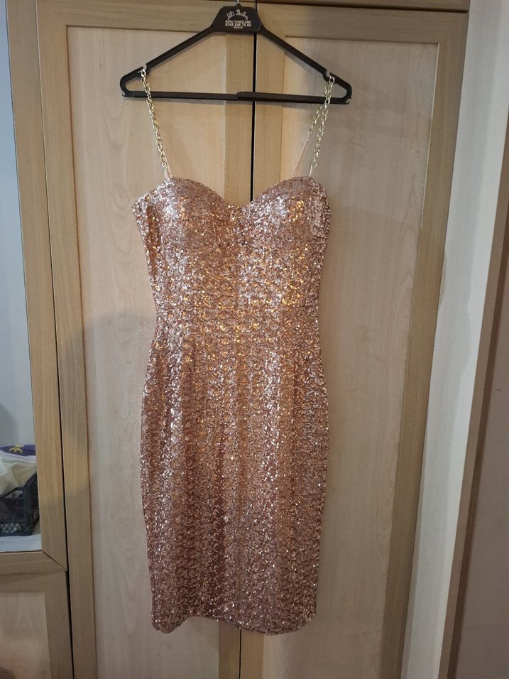 Zincir Askılı Rose Gold Payetli Mini Elbise  M Beden - Görsel 3